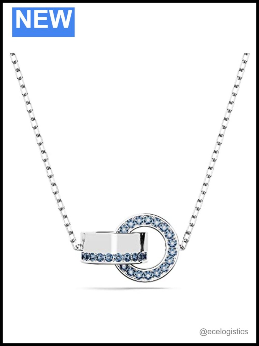 Interlocking Loop Pendant Necklace Blue Pavé Crystals Rhodium Plated